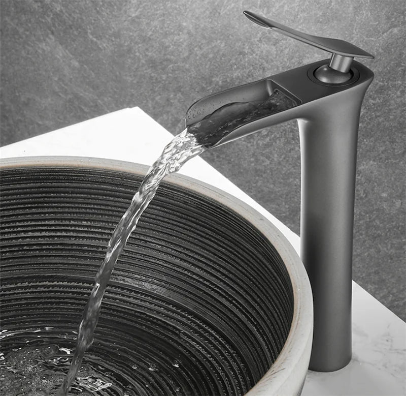 Basin Faucet Grey Waterfall Faucet Brass Bathroom Faucet Gold Bathroom Basin Faucet Mixer Tap Hot and Cold White Sink faucet