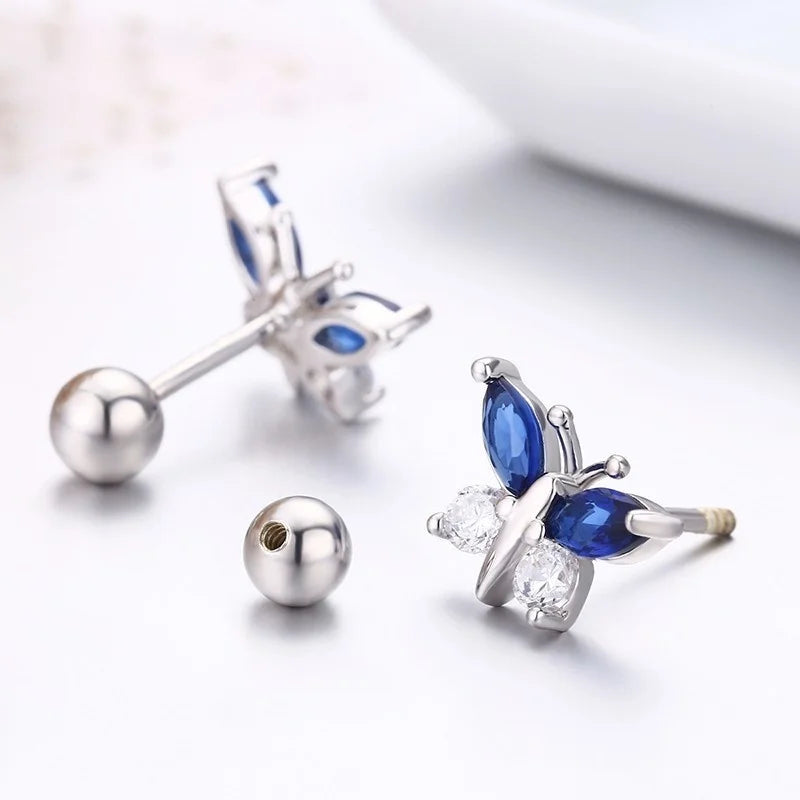 Cute 925 Sterling Silver Butterfly Pink CZ Screw Back Stud Earrings For Women Child Girls Kids Jewellery Orecchini Aros Aretes