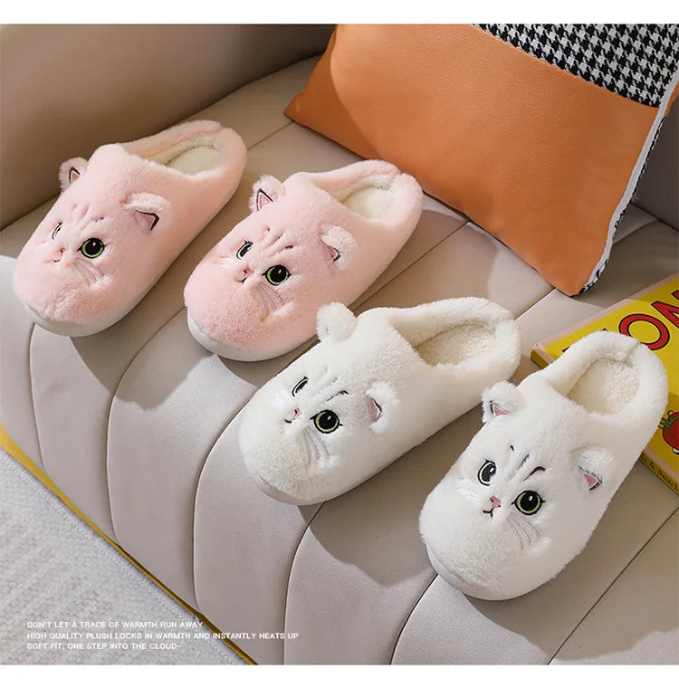 New Winter Women Lovely Cat Plush Slippers Warm Shoes Slides Cute Cartoon Cat Fuzzy Slippers Men Soft Footwear Home Cotton Shoes