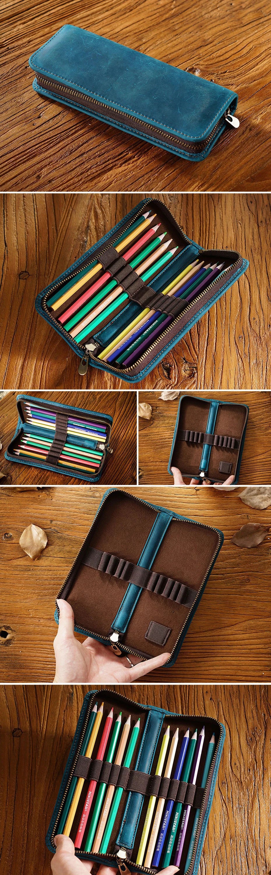 Genuine Leather Multi-functional Pencilcase with Pen Holder Organizer Zipper Pen Case Stationery