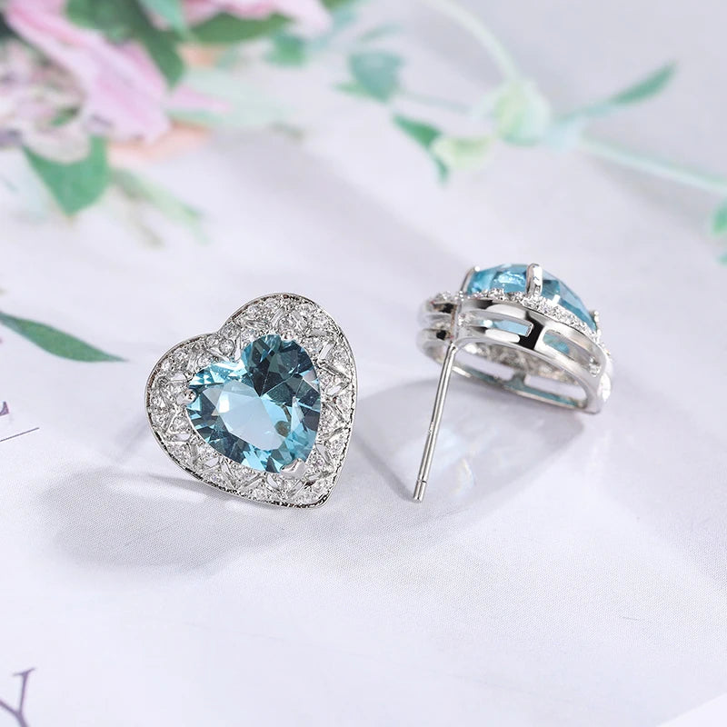 Stylish 925 Silver Plated Earrings for Women Beautiful Heart Shape Women's Shiny AAAA Women's Blue Zircon Korean Earrings