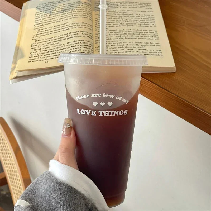 470/700ml Cute Korean Style PP Material Portable Water Bottle Coffee Juice Milk Tea Cup Plastic Cool Cup with Lid Straw Reusable