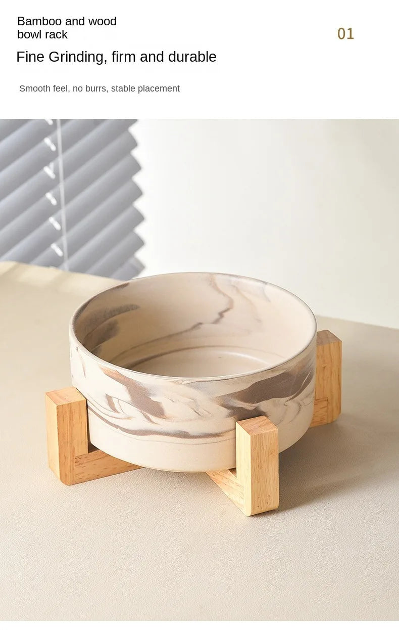 Marbling Ceramic Cat and Dog Bowl Medium Large Dog Feeding and Feeding Double Bowl with Wooden Rack Pet Puppy Accessories