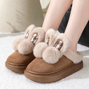 Pink clog slippers with fur slides women's indoor kawaii bowknot mules woman winter 6 cm platform fluffy home slippers ladies