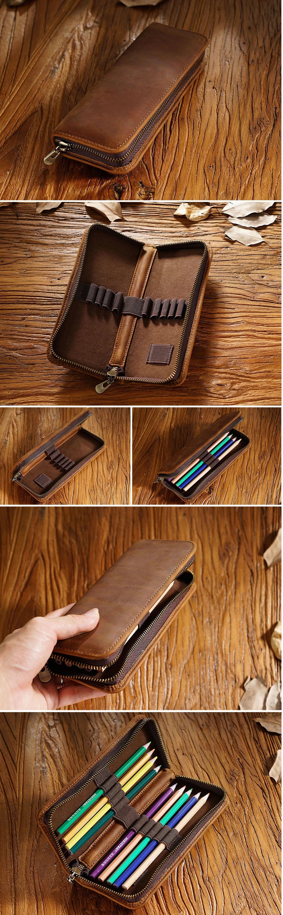 Genuine Leather Multi-functional Pencilcase with Pen Holder Organizer Zipper Pen Case Stationery