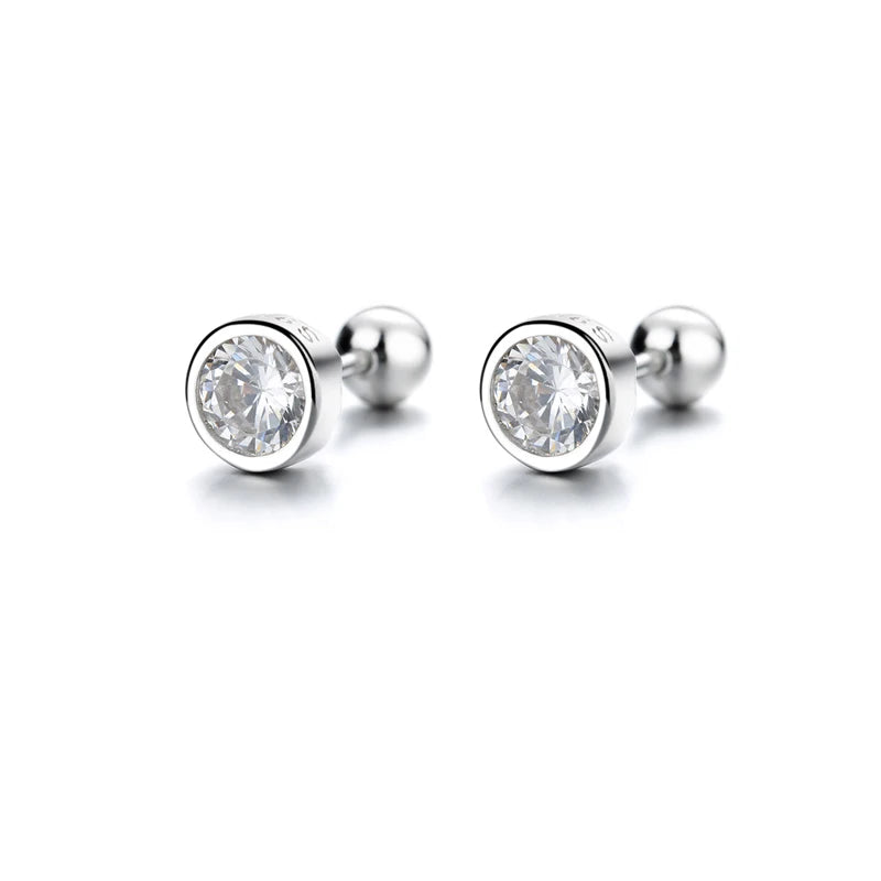 INZATT Real 925 Sterling Silver Zircon Round Screw Thread Bead Stud Earrings For Women Fine Jewelry Minimalist Accessories