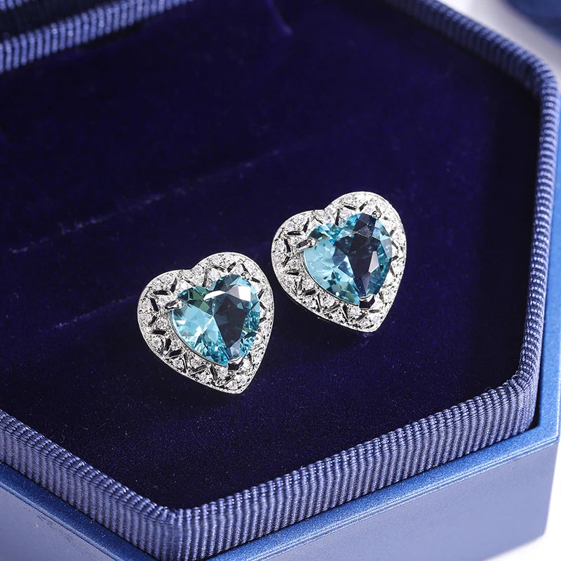 Stylish 925 Silver Plated Earrings for Women Beautiful Heart Shape Women's Shiny AAAA Women's Blue Zircon Korean Earrings