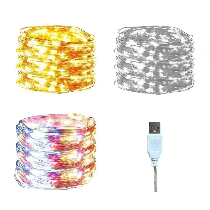 New Year Christmas Decoration Holiday Fairy Lamp Copper Wire USB Led Indoor Home Decor Warm White RGB String With Remote Control