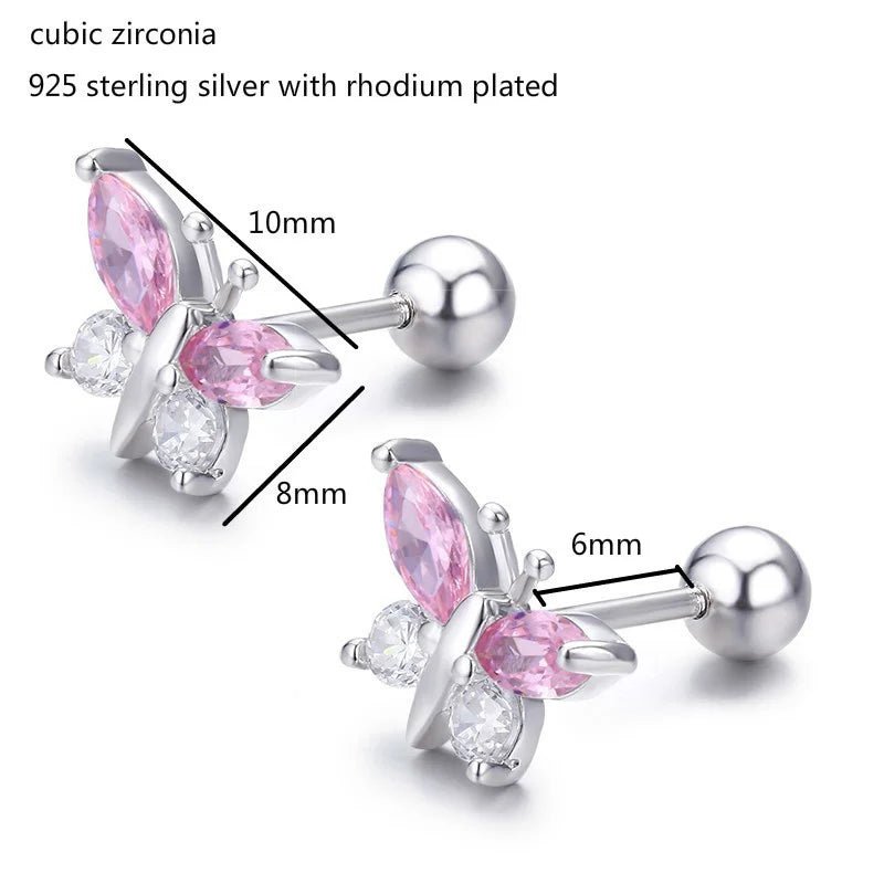 Cute 925 Sterling Silver Butterfly Pink CZ Screw Back Stud Earrings For Women Child Girls Kids Jewellery Orecchini Aros Aretes