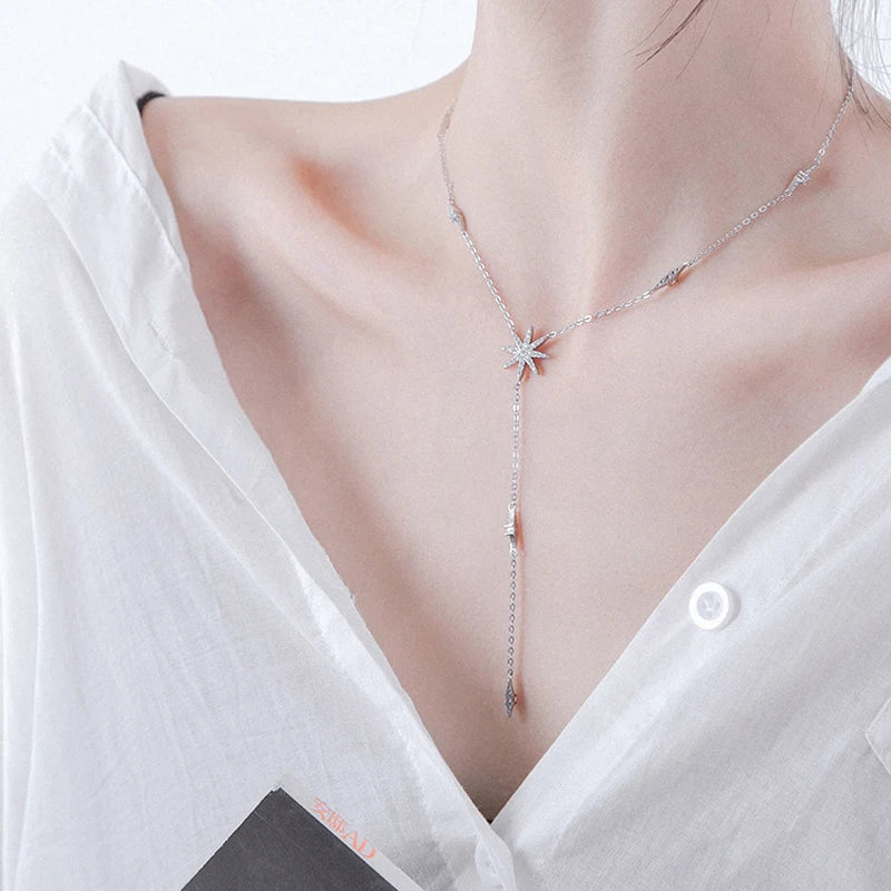 Hot 925 Sterling Silver Long Choker Glitter Diamond Round Necklace Ladies Clavicle Chain Exquisite Wedding Party Fine Jewelry