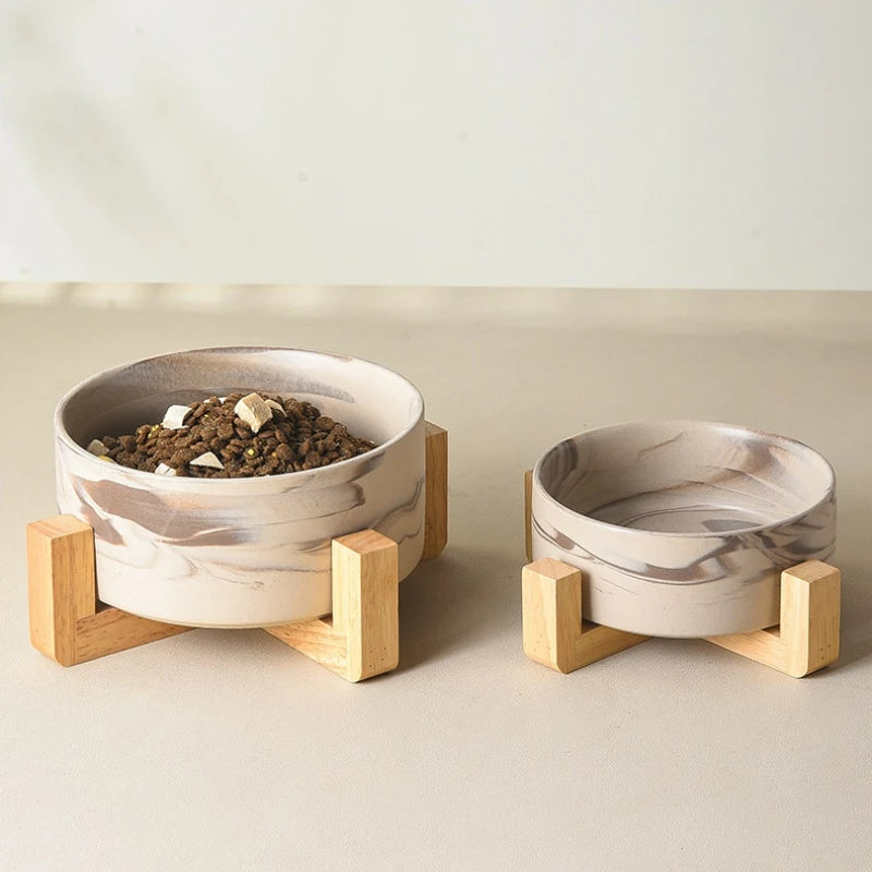Marbling Ceramic Cat and Dog Bowl Medium Large Dog Feeding and Feeding Double Bowl with Wooden Rack Pet Puppy Accessories