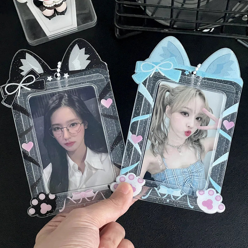 Cute Cat Photocard Holder Glitter Transparent Idol 3 Inch Photo Card Sleeves PVC Student ID Bus Card Case Keychain Bag Pendant