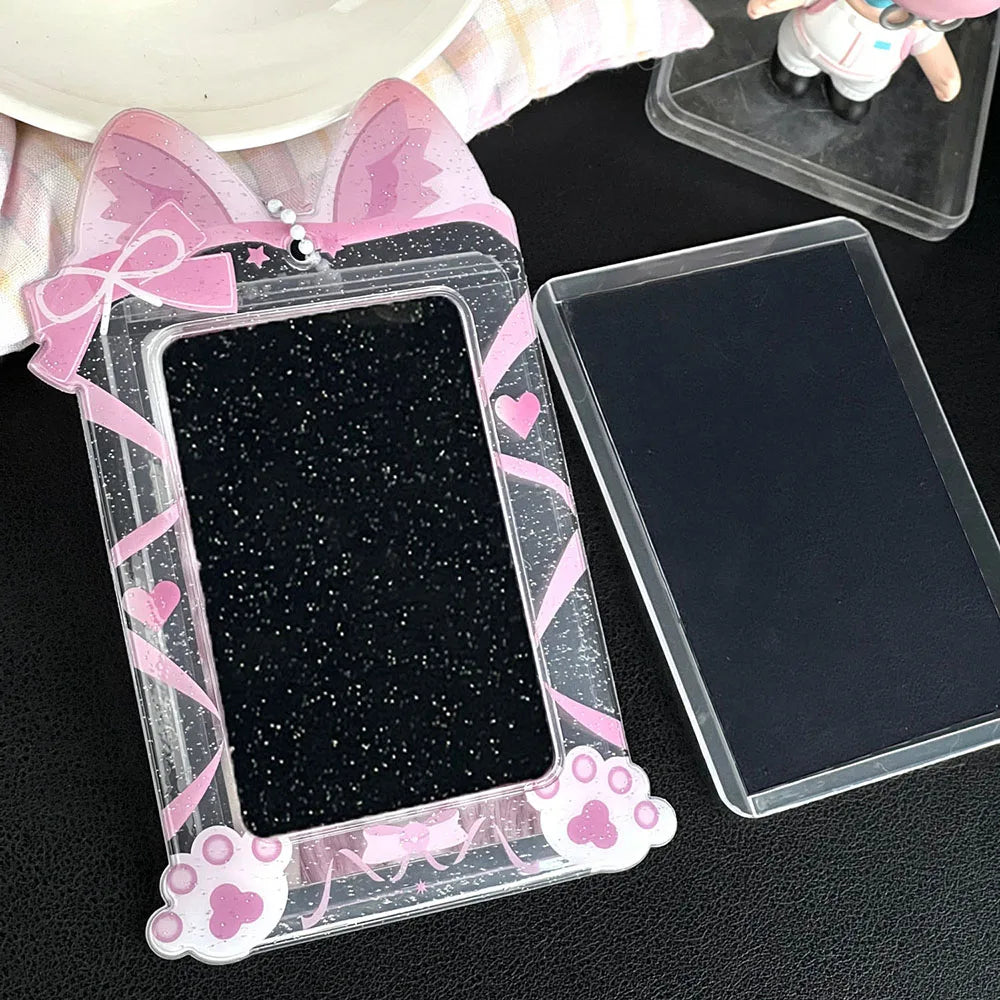 Cute Cat Photocard Holder Glitter Transparent Idol 3 Inch Photo Card Sleeves PVC Student ID Bus Card Case Keychain Bag Pendant