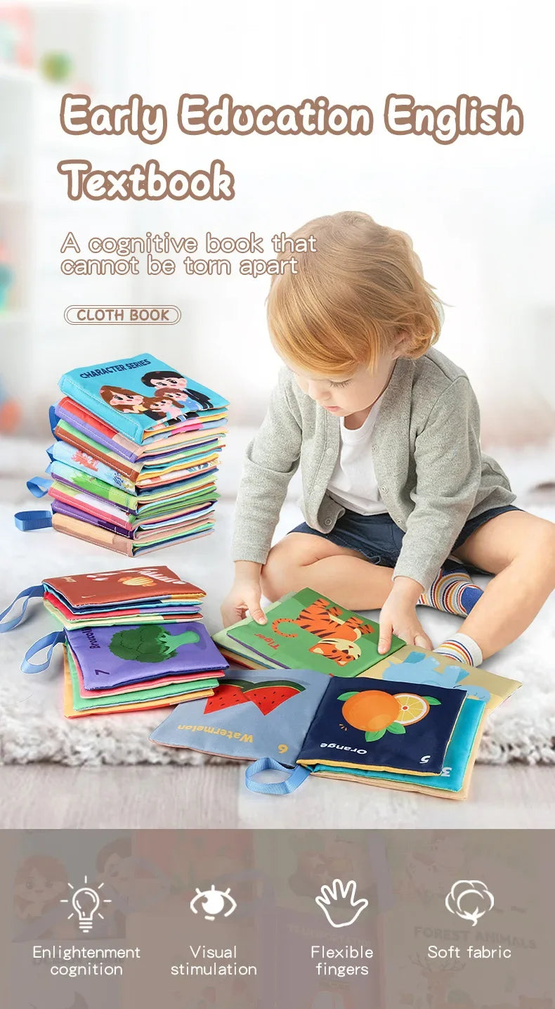3D Baby Cloth Book Early Education Toys 4-page 8-sided English Palm Book