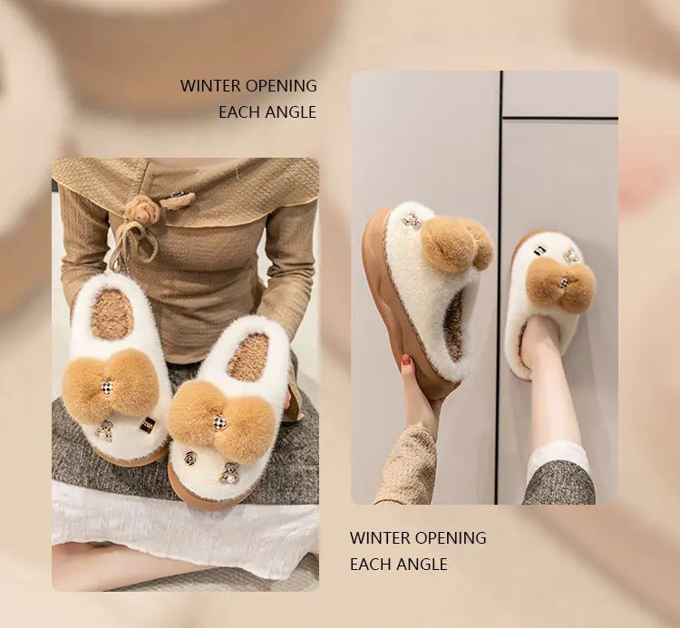 Pink clog slippers with fur slides women's indoor kawaii bowknot mules woman winter 6 cm platform fluffy home slippers ladies