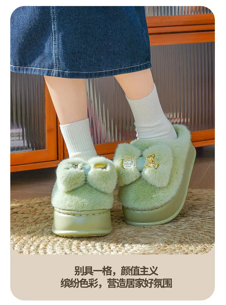 Pink clog slippers with fur slides women's indoor kawaii bowknot mules woman winter 6 cm platform fluffy home slippers ladies