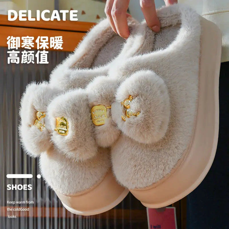 Pink clog slippers with fur slides women's indoor kawaii bowknot mules woman winter 6 cm platform fluffy home slippers ladies