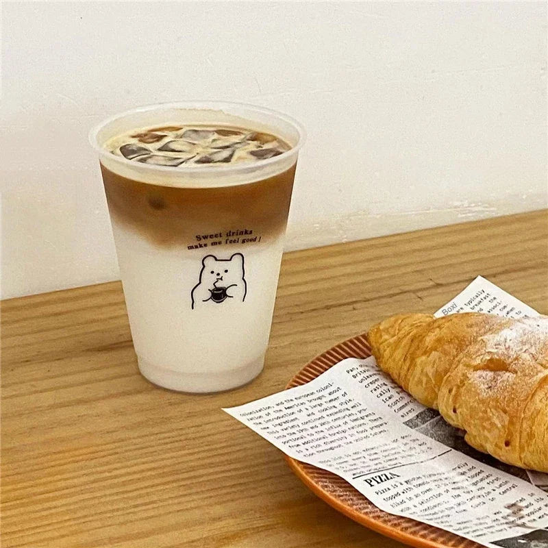 470/700ml Cute Korean Style PP Material Portable Water Bottle Coffee Juice Milk Tea Cup Plastic Cool Cup with Lid Straw Reusable