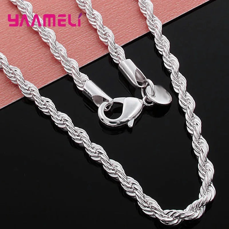 Top Sale Real Pure 925 Sterling Silver Necklace Jewelry Chain for Men Women 2MM 3MM 4MM Width Twisted Rope with Lobster Clasps