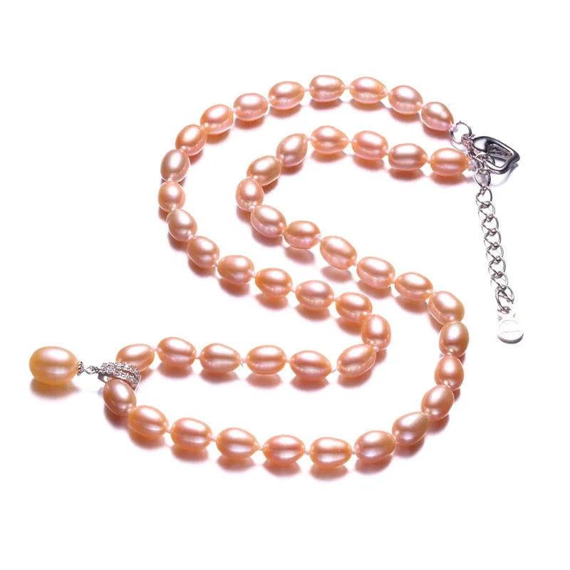 Dainashi 925 Sterling Silver Pearl Necklace,White/Pink/Purple Natural Freshwater Pearl,6-7/8-9 mm,45cm+5cm Length,Fine Jewelry