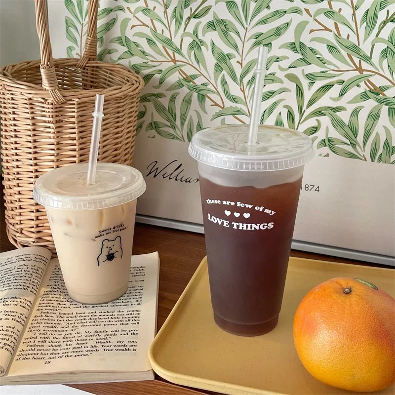 470/700ml Cute Korean Style PP Material Portable Water Bottle Coffee Juice Milk Tea Cup Plastic Cool Cup with Lid Straw Reusable