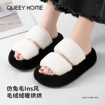 Pink clog slippers with fur slides women's indoor kawaii bowknot mules woman winter 6 cm platform fluffy home slippers ladies
