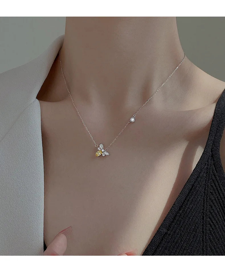 Fashion 925 Sterling Silver Small Bee Zircon Necklace Charm Animal Pendant Cute Clavicle Chains Fine Jewelry for Women