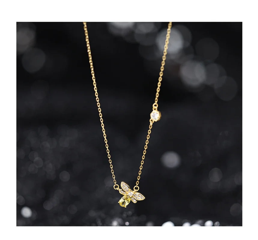 Fashion 925 Sterling Silver Small Bee Zircon Necklace Charm Animal Pendant Cute Clavicle Chains Fine Jewelry for Women