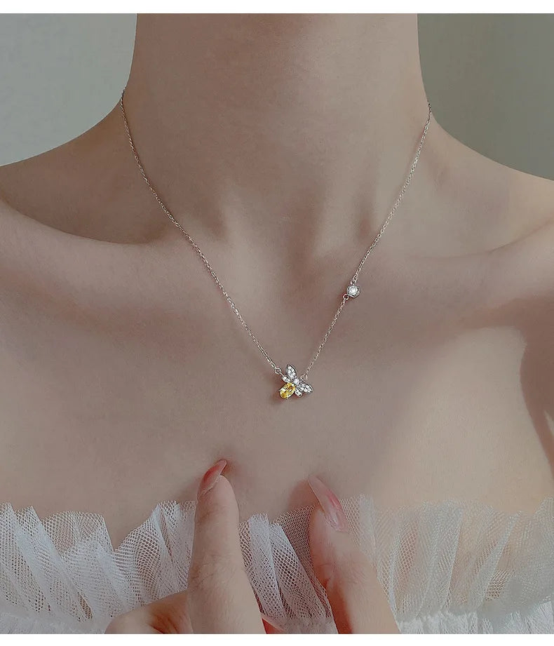 Fashion 925 Sterling Silver Small Bee Zircon Necklace Charm Animal Pendant Cute Clavicle Chains Fine Jewelry for Women