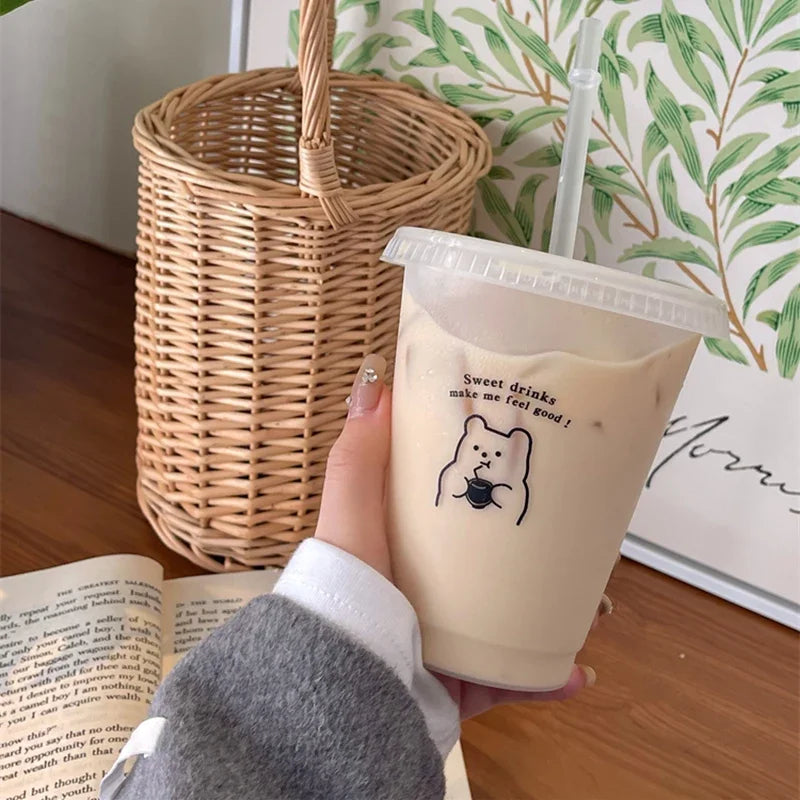 470/700ml Cute Korean Style PP Material Portable Water Bottle Coffee Juice Milk Tea Cup Plastic Cool Cup with Lid Straw Reusable