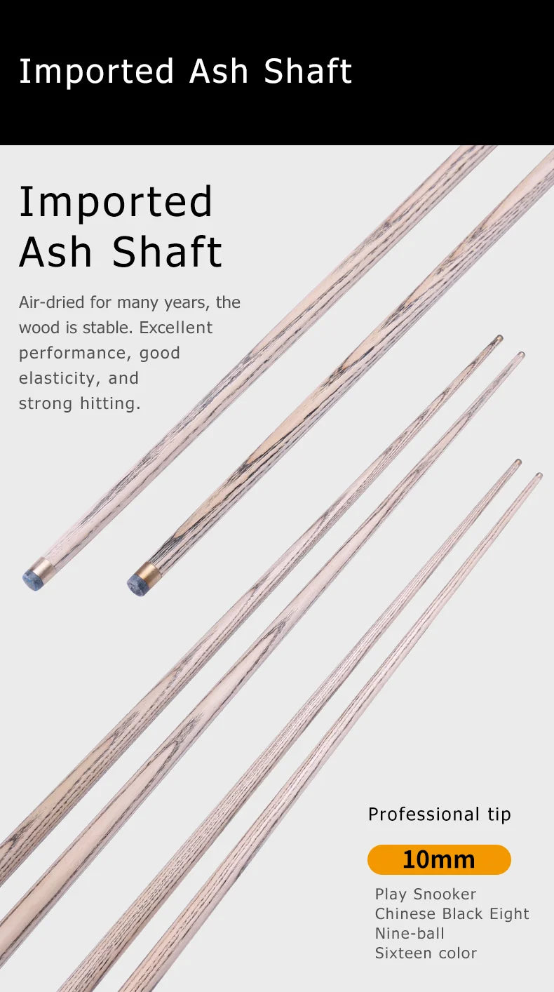 OMIN-Professional Snooker Stick with Original Bag, Ash Shaft 3/4 Split One Piece Cue Tip 9.5mm 10mm 11mm 145cm Extended section