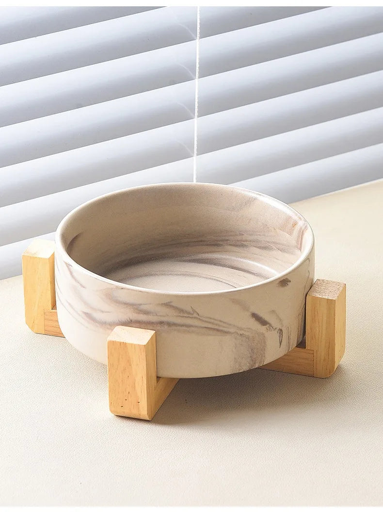 Marbling Ceramic Cat and Dog Bowl Medium Large Dog Feeding and Feeding Double Bowl with Wooden Rack Pet Puppy Accessories