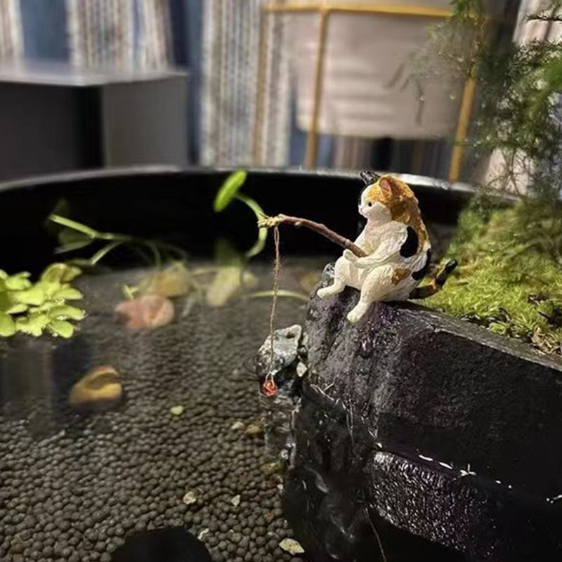 Fishing Cat Figurine Fishtanks Landscaping Ornament Aquariums Pendant Home Decor for Freshwater Saltwater Drop Shipping