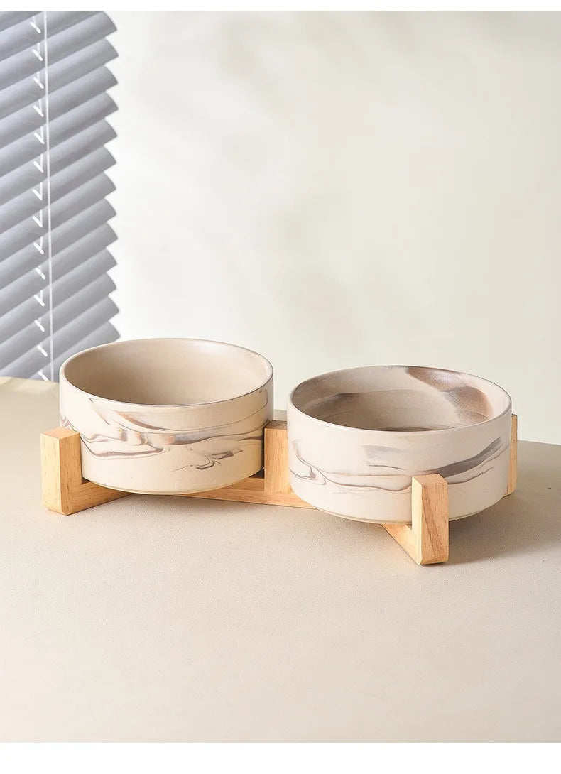Marbling Ceramic Cat and Dog Bowl Medium Large Dog Feeding and Feeding Double Bowl with Wooden Rack Pet Puppy Accessories