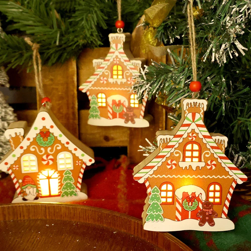 Christmas Night Lights Wooden House Pendant Gingerbread Man Hanging Ornaments for Home Party Xmas Trees Decoration Holiday Light