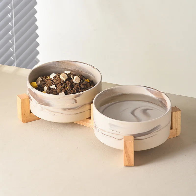 Marbling Ceramic Cat and Dog Bowl Medium Large Dog Feeding and Feeding Double Bowl with Wooden Rack Pet Puppy Accessories