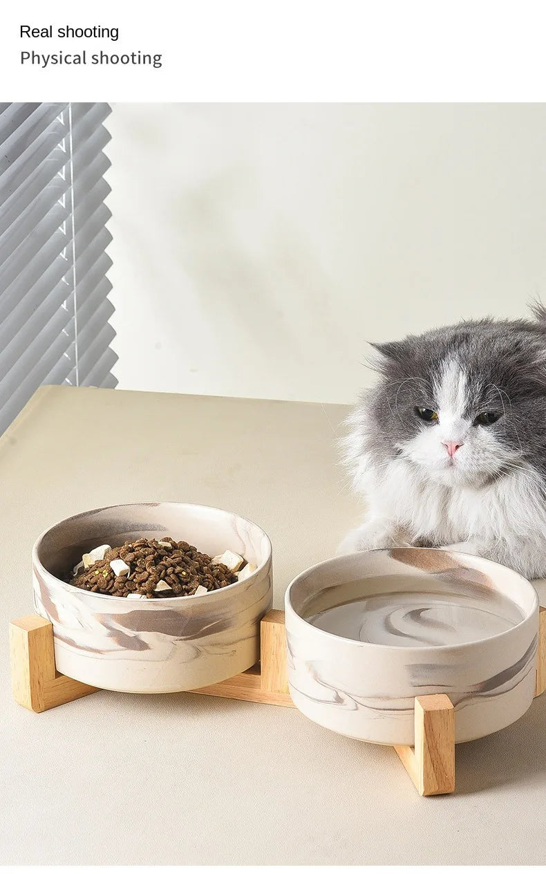 Marbling Ceramic Cat and Dog Bowl Medium Large Dog Feeding and Feeding Double Bowl with Wooden Rack Pet Puppy Accessories