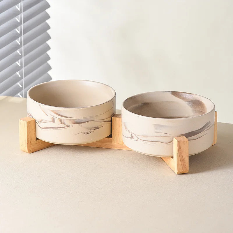 Marbling Ceramic Cat and Dog Bowl Medium Large Dog Feeding and Feeding Double Bowl with Wooden Rack Pet Puppy Accessories