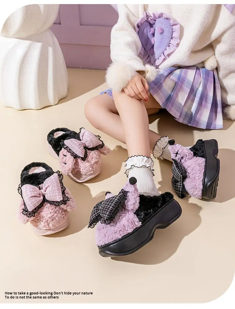 New green bow slippers winter women's 2024 shoes thick sole fuzzy slippers for home mules shoes woman fluffy metal house slipper
