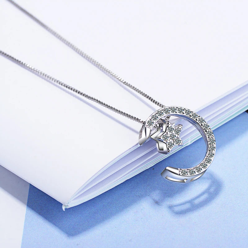 925 Sterling Silver Moon Star Pendant Necklaces With Austrian Crystal For Women 4 Ways To Wear Necklace Gifts Sn06