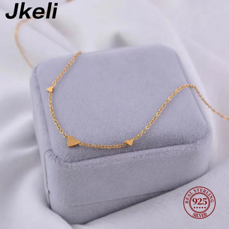 Jkeli S925 sterling silver necklace three hearts plated with 18k gold simple heart-shaped clavicle chain for women