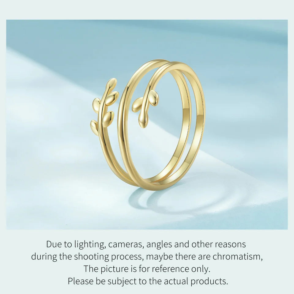 BAMOER Gold Plated Leaves Adjustable Ring, S925 Silver Trendy Multilayer Leaf Open Ring for Women Fashion Jewelry Gift 2 Colors