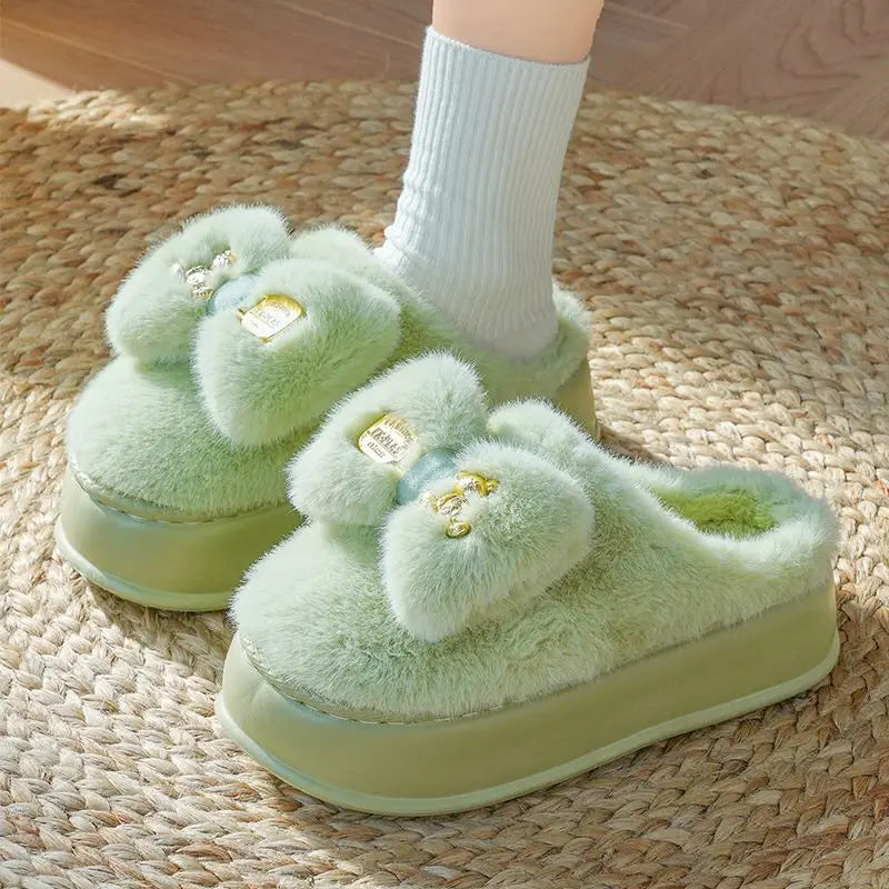 Pink clog slippers with fur slides women's indoor kawaii bowknot mules woman winter 6 cm platform fluffy home slippers ladies