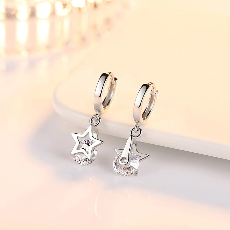 Genuine 925 Sterling Silver Woman's Original Jewelry Crystal Zircon Star Drop Earrings XY0069