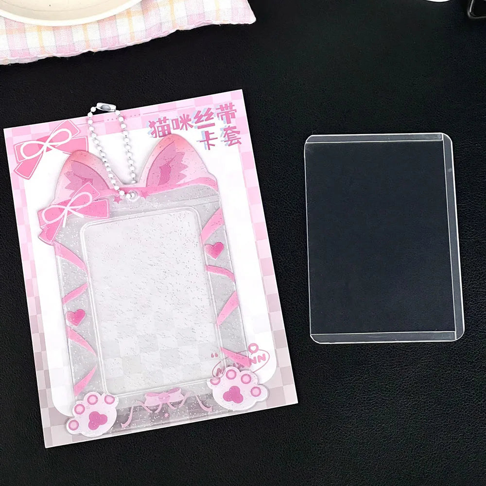 Cute Cat Photocard Holder Glitter Transparent Idol 3 Inch Photo Card Sleeves PVC Student ID Bus Card Case Keychain Bag Pendant