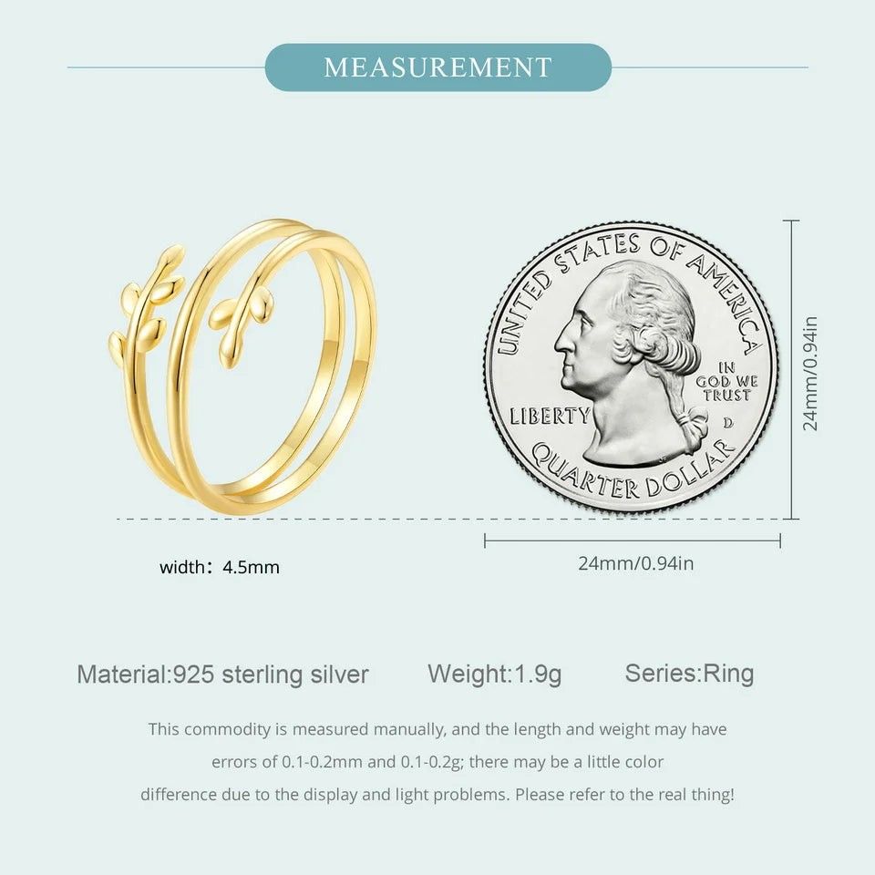 BAMOER Gold Plated Leaves Adjustable Ring, S925 Silver Trendy Multilayer Leaf Open Ring for Women Fashion Jewelry Gift 2 Colors