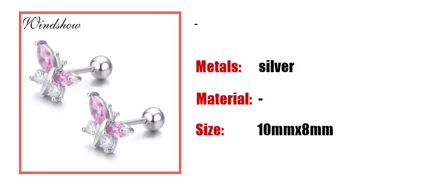 Cute 925 Sterling Silver Butterfly Pink CZ Screw Back Stud Earrings For Women Child Girls Kids Jewellery Orecchini Aros Aretes