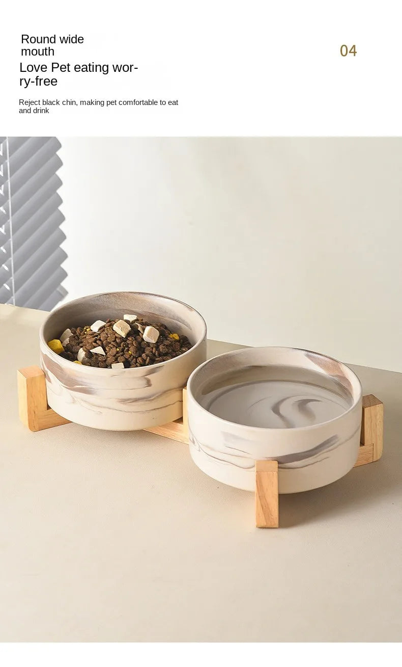 Marbling Ceramic Cat and Dog Bowl Medium Large Dog Feeding and Feeding Double Bowl with Wooden Rack Pet Puppy Accessories