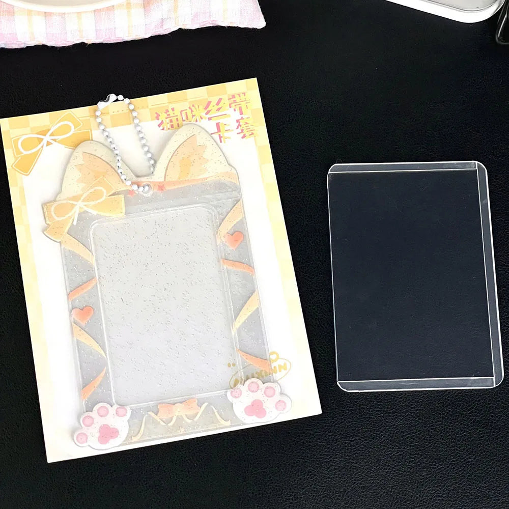 Cute Cat Photocard Holder Glitter Transparent Idol 3 Inch Photo Card Sleeves PVC Student ID Bus Card Case Keychain Bag Pendant