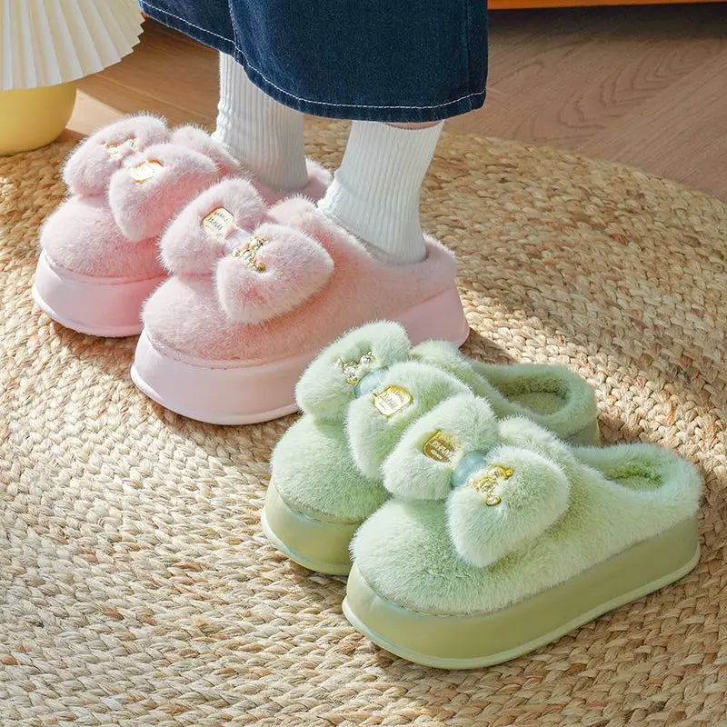 Pink clog slippers with fur slides women's indoor kawaii bowknot mules woman winter 6 cm platform fluffy home slippers ladies
